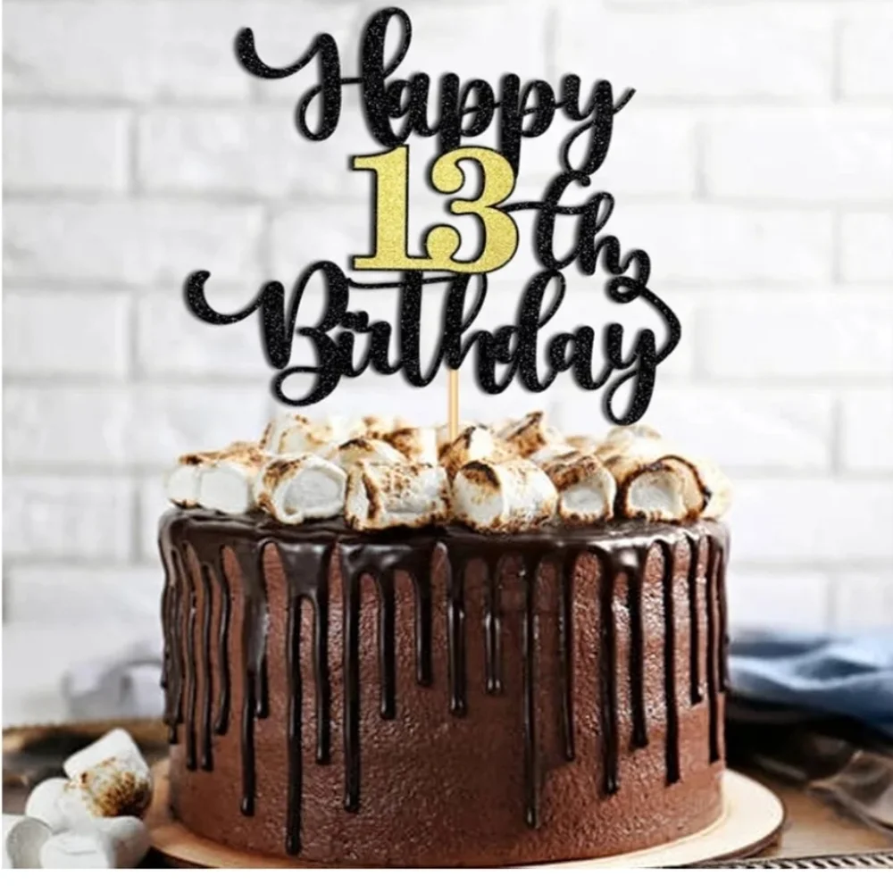 Black and Gold Happy 13th Birthday Cake Topper Lot Of 2 Packs